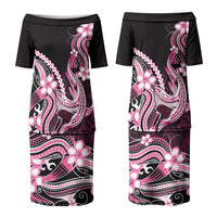 Pink Black Aloha Hawaii Couples Matching Puletasi and Long Sleeve Button Shirt Polynesian Shark Tattoo Plumeria LT14 - Polynesian Pride