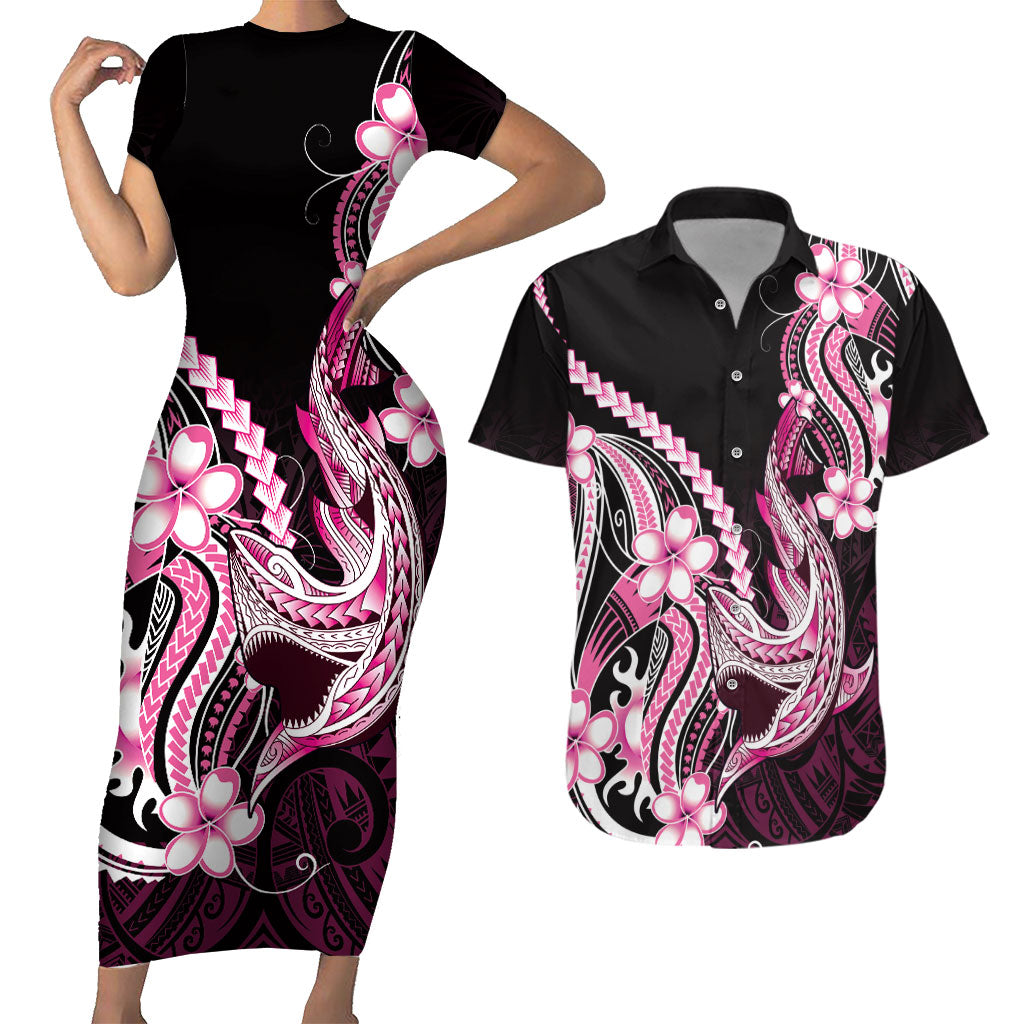 Pink Black Aloha Hawaii Couples Matching Short Sleeve Bodycon Dress and Hawaiian Shirt Polynesian Shark Tattoo Plumeria