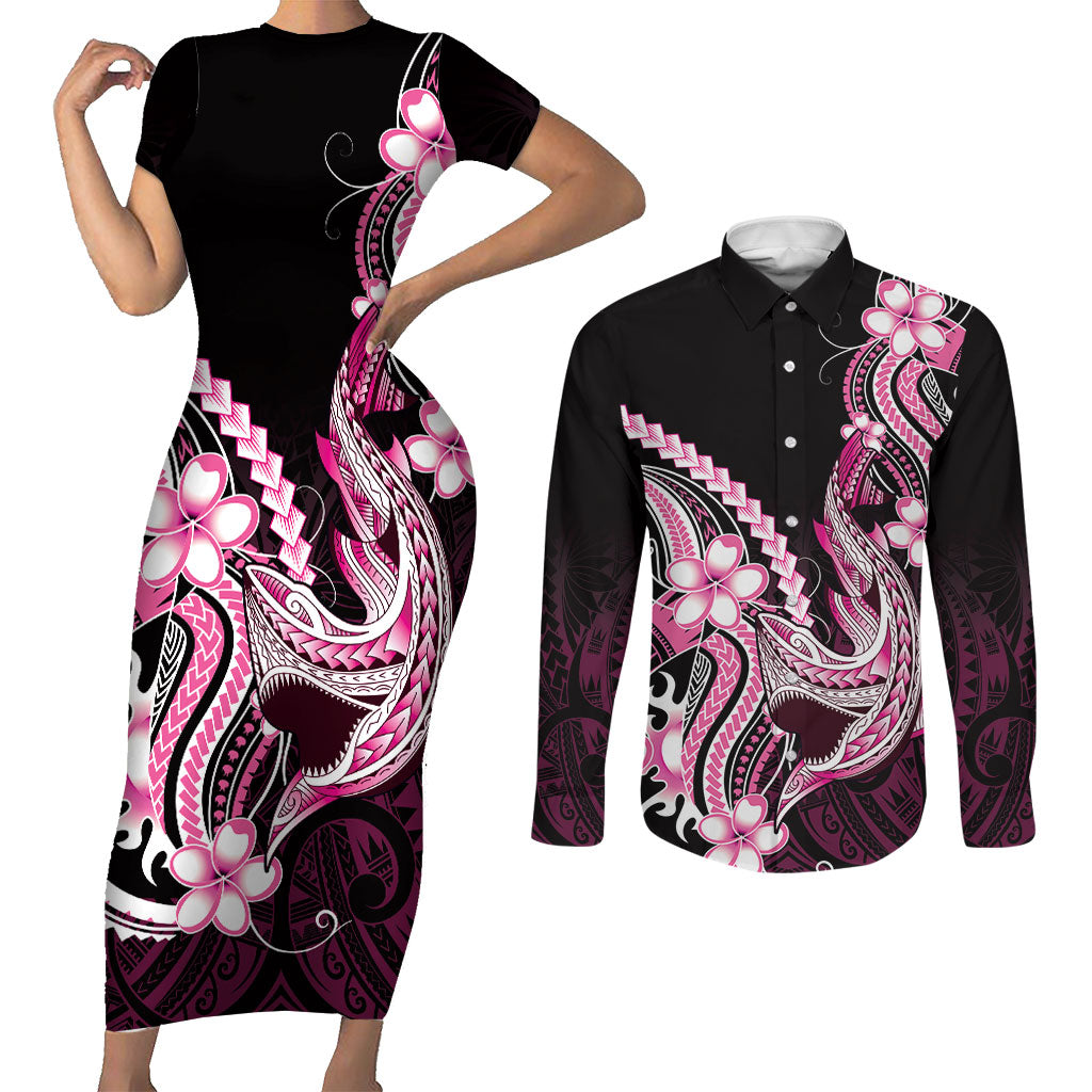 Pink Black Aloha Hawaii Couples Matching Short Sleeve Bodycon Dress and Long Sleeve Button Shirt Polynesian Shark Tattoo Plumeria LT14 Pink - Polynesian Pride