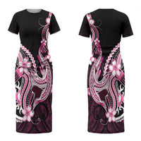 Pink Black Aloha Hawaii Couples Matching Short Sleeve Bodycon Dress and Long Sleeve Button Shirt Polynesian Shark Tattoo Plumeria LT14 - Polynesian Pride