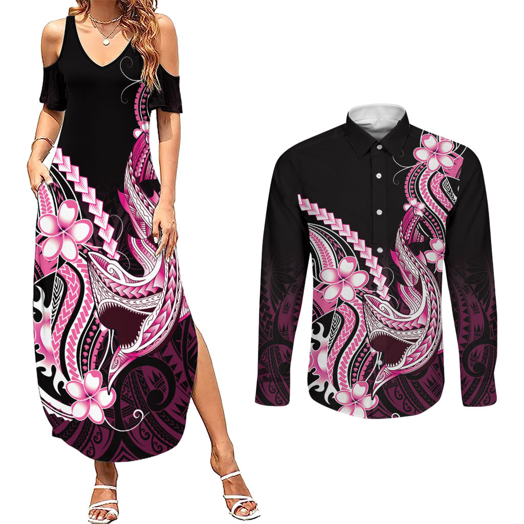 Pink Black Aloha Hawaii Couples Matching Summer Maxi Dress and Long Sleeve Button Shirt Polynesian Shark Tattoo Plumeria LT14 Pink - Polynesian Pride