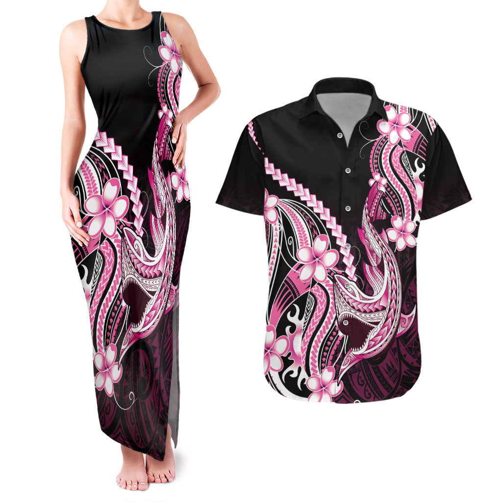 Pink Black Aloha Hawaii Couples Matching Tank Maxi Dress and Hawaiian Shirt Polynesian Shark Tattoo Plumeria LT14 Pink - Polynesian Pride