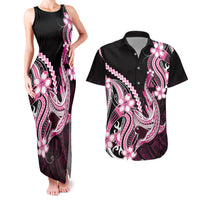 Pink Black Aloha Hawaii Couples Matching Tank Maxi Dress and Hawaiian Shirt Polynesian Shark Tattoo Plumeria