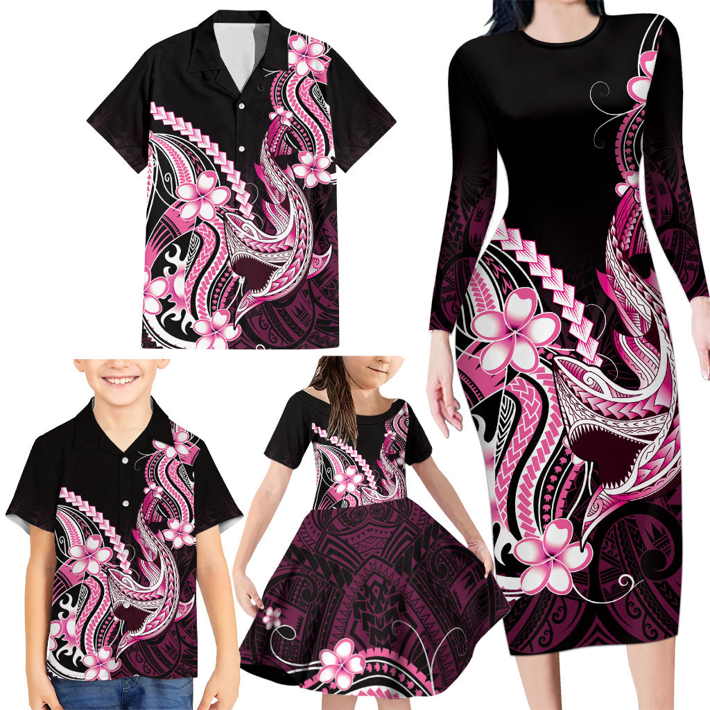 Pink Black Aloha Hawaii Family Matching Long Sleeve Bodycon Dress and Hawaiian Shirt Polynesian Shark Tattoo Plumeria