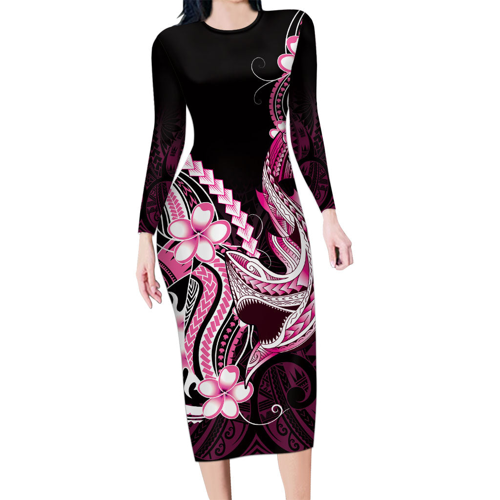 Pink Black Aloha Hawaii Family Matching Long Sleeve Bodycon Dress and Hawaiian Shirt Polynesian Shark Tattoo Plumeria
