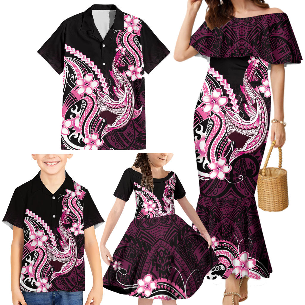 Pink Black Aloha Hawaii Family Matching Mermaid Dress and Hawaiian Shirt Polynesian Shark Tattoo Plumeria LT14 - Polynesian Pride