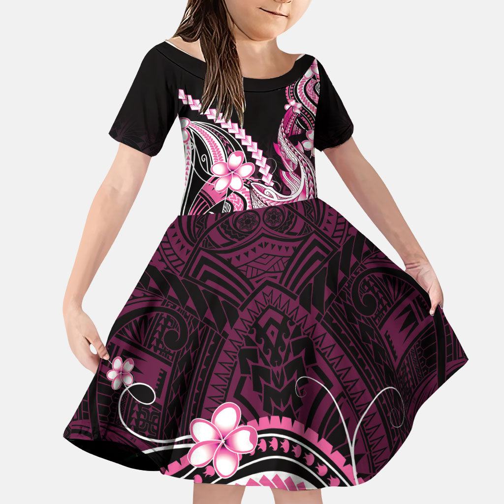 Pink Black Aloha Hawaii Family Matching Off The Shoulder Long Sleeve Dress and Hawaiian Shirt Polynesian Shark Tattoo Plumeria