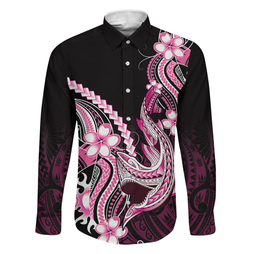 Pink Black Aloha Hawaii Family Matching Off The Shoulder Long Sleeve Dress and Hawaiian Shirt Polynesian Shark Tattoo Plumeria
