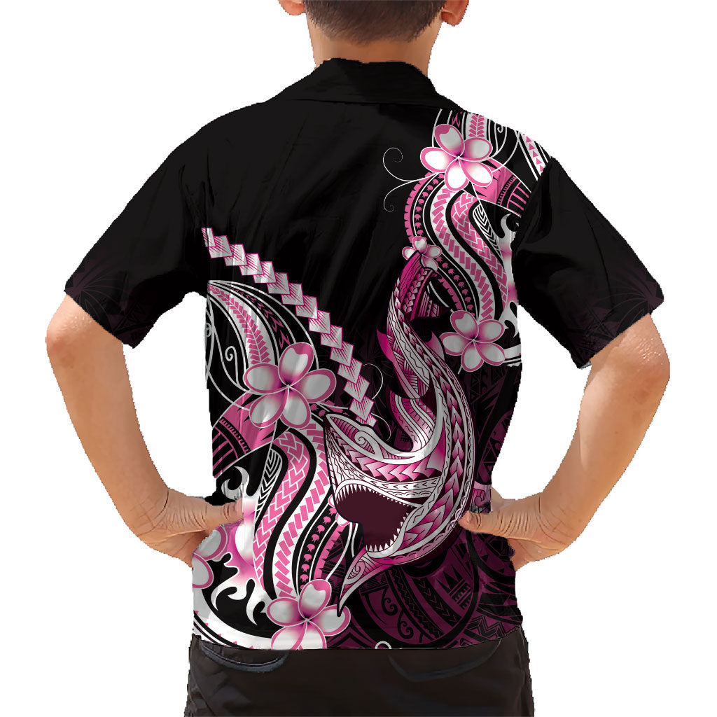 Pink Black Aloha Hawaii Family Matching Off Shoulder Maxi Dress and Hawaiian Shirt Polynesian Shark Tattoo Plumeria