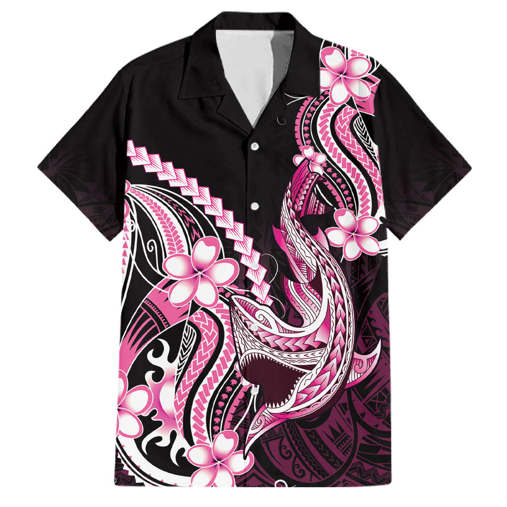 Pink Black Aloha Hawaii Family Matching Off Shoulder Maxi Dress and Hawaiian Shirt Polynesian Shark Tattoo Plumeria
