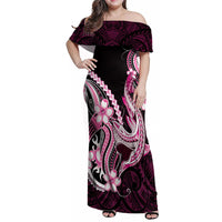Pink Black Aloha Hawaii Family Matching Off Shoulder Maxi Dress and Hawaiian Shirt Polynesian Shark Tattoo Plumeria