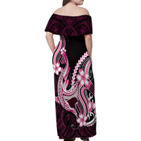 Pink Black Aloha Hawaii Family Matching Off Shoulder Maxi Dress and Hawaiian Shirt Polynesian Shark Tattoo Plumeria