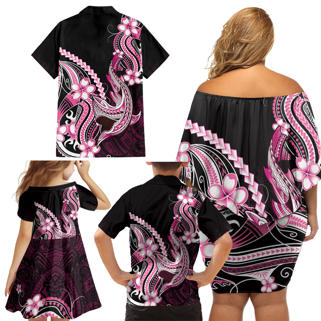 Pink Black Aloha Hawaii Family Matching Off Shoulder Short Dress and Hawaiian Shirt Polynesian Shark Tattoo Plumeria