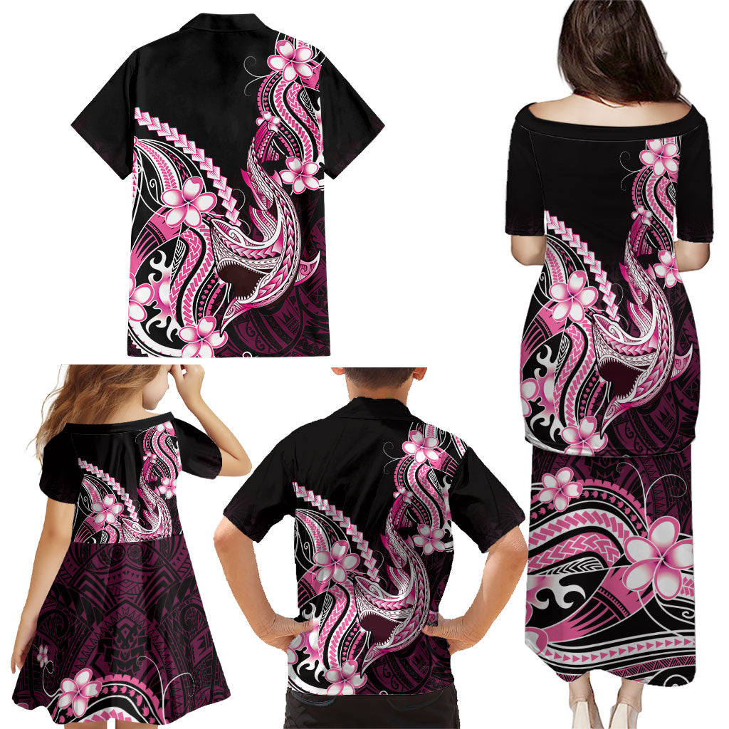 Pink Black Aloha Hawaii Family Matching Puletasi and Hawaiian Shirt Polynesian Shark Tattoo Plumeria
