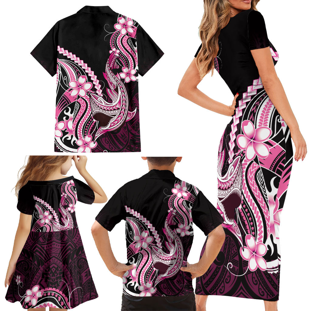 Pink Black Aloha Hawaii Family Matching Short Sleeve Bodycon Dress and Hawaiian Shirt Polynesian Shark Tattoo Plumeria