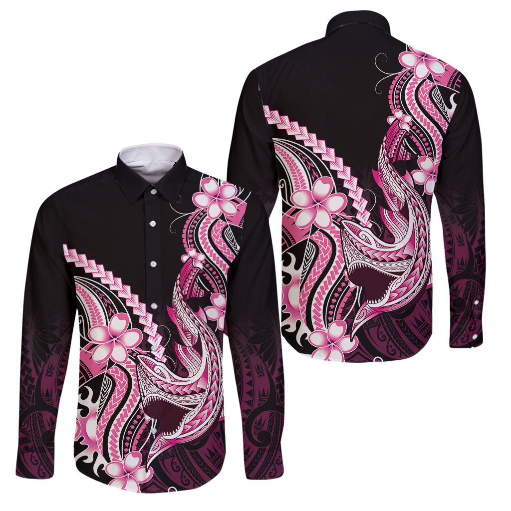 Pink Black Aloha Hawaii Family Matching Tank Maxi Dress and Hawaiian Shirt Polynesian Shark Tattoo Plumeria LT14 Dad's Shirt - Long Sleeve Pink - Polynesian Pride