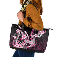 Pink Black Aloha Hawaii Leather Tote Bag Polynesian Shark Tattoo Plumeria
