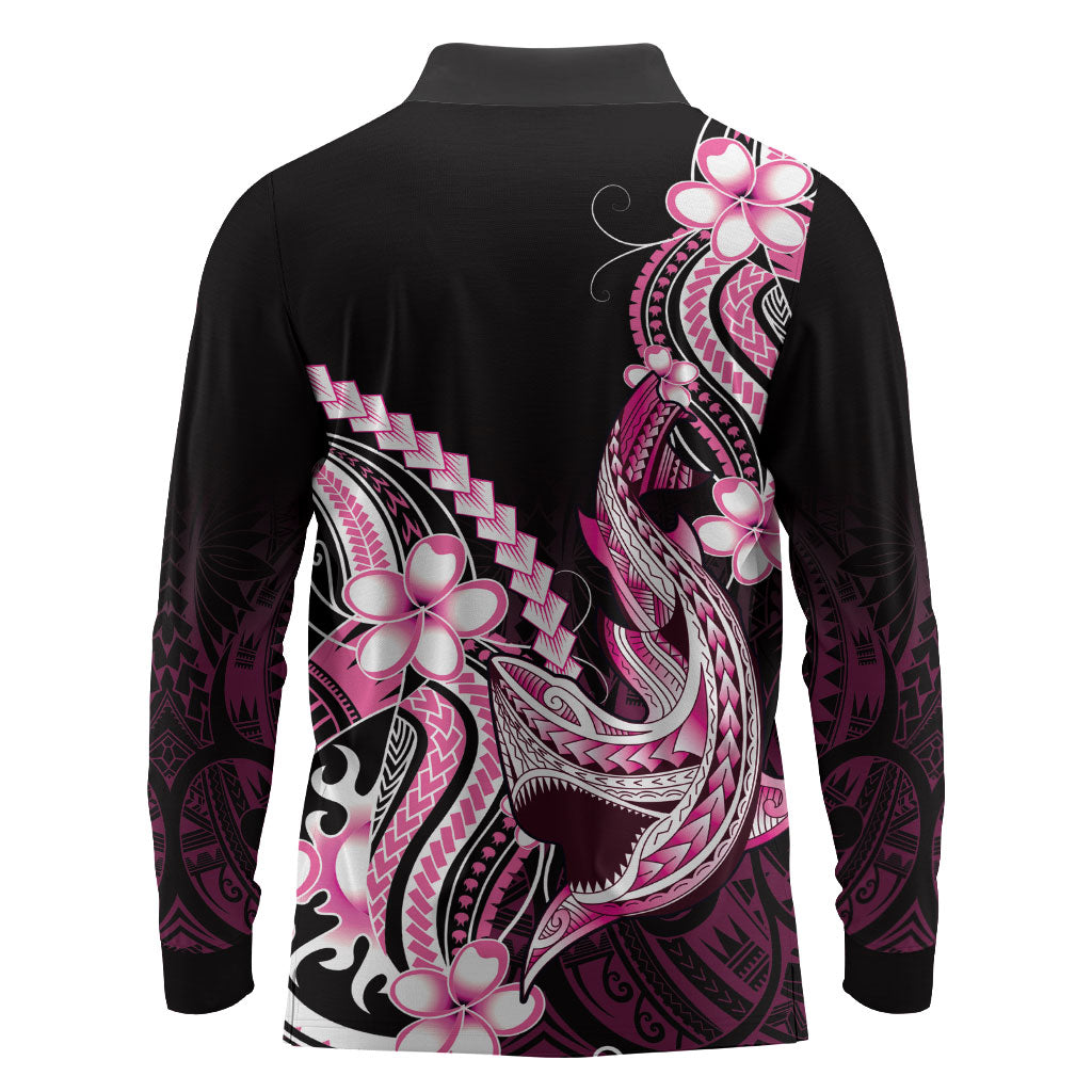 Pink Black Aloha Hawaii Long Sleeve Polo Shirt Polynesian Shark Tattoo Plumeria