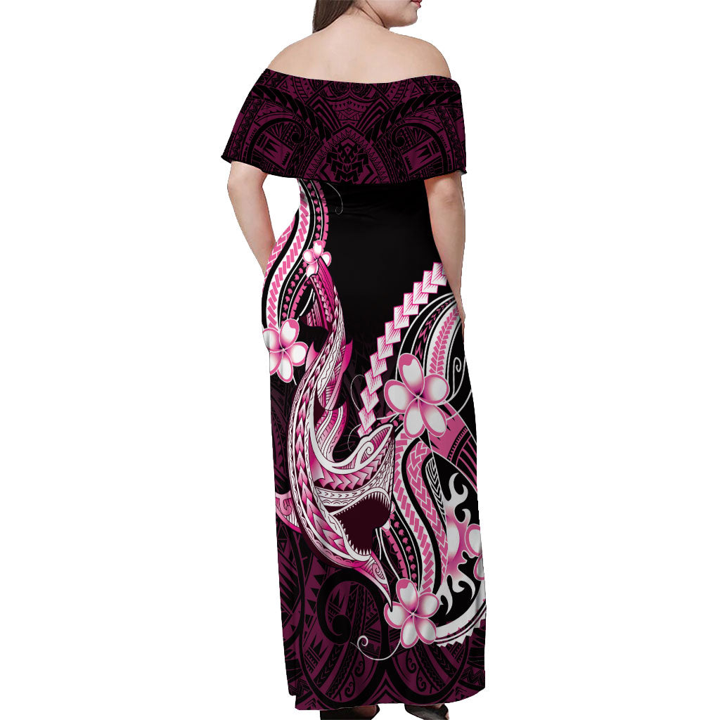 Pink Black Aloha Hawaii Off Shoulder Maxi Dress Polynesian Shark Tattoo Plumeria