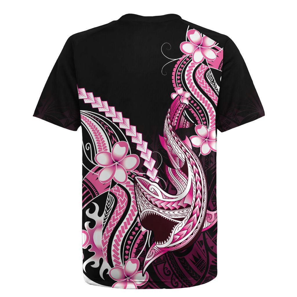 Pink Black Aloha Hawaii Rugby Jersey Polynesian Shark Tattoo Plumeria