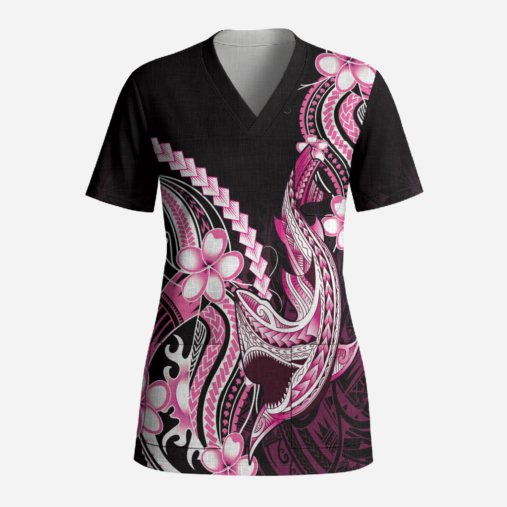 Pink Black Aloha Hawaii Scrub Top Polynesian Shark Tattoo Plumeria LT14 Adult Pink - Polynesian Pride