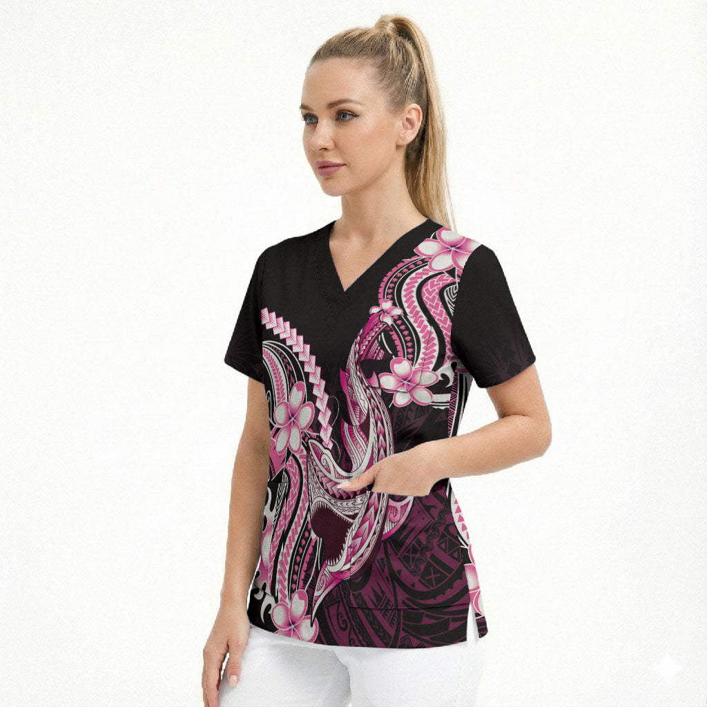 Pink Black Aloha Hawaii Scrub Top Polynesian Shark Tattoo Plumeria