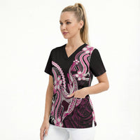 Pink Black Aloha Hawaii Scrub Top Polynesian Shark Tattoo Plumeria