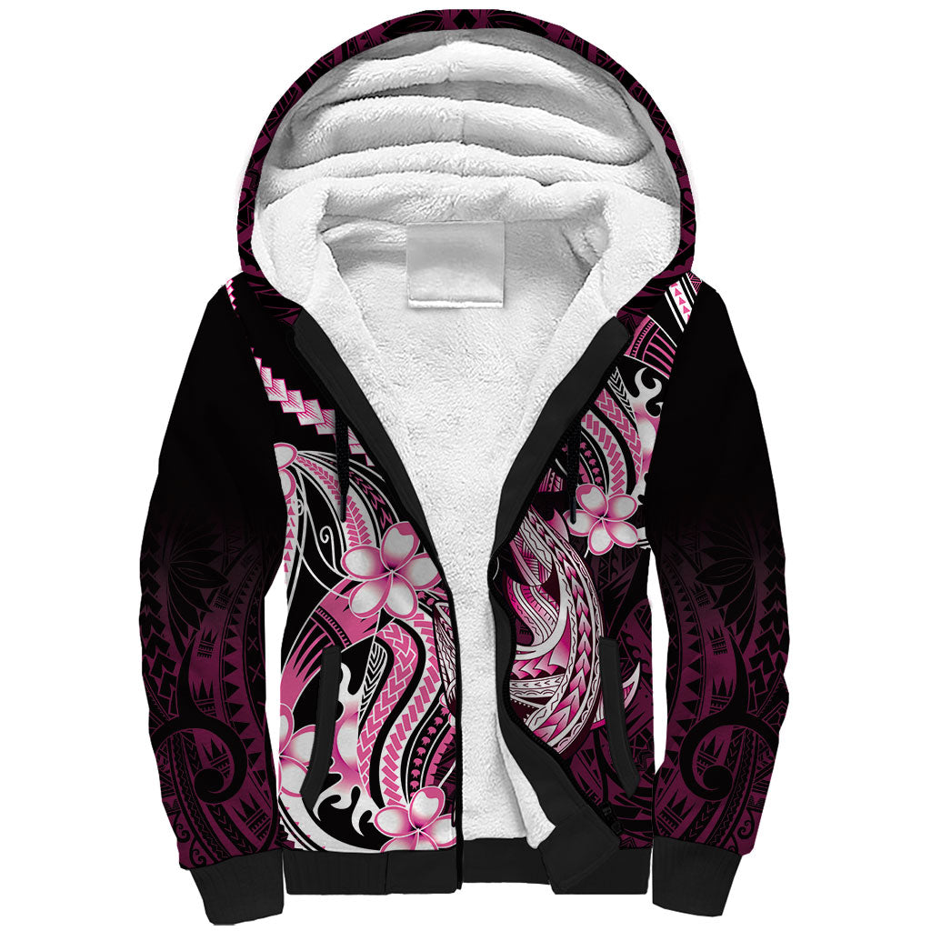Pink Black Aloha Hawaii Sherpa Hoodie Polynesian Shark Tattoo Plumeria LT14 Unisex Pink - Polynesian Pride