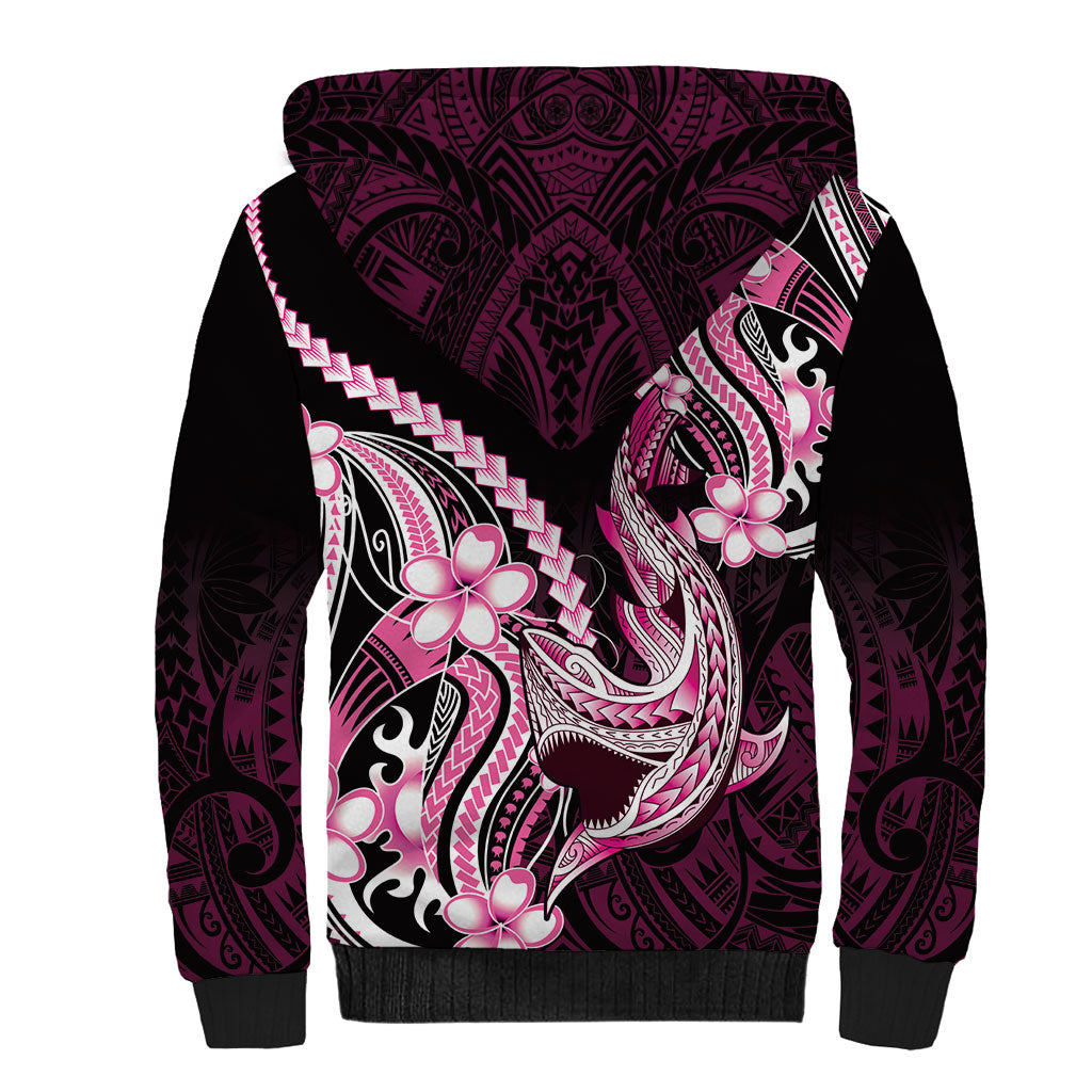Pink Black Aloha Hawaii Sherpa Hoodie Polynesian Shark Tattoo Plumeria