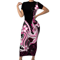Pink Black Aloha Hawaii Short Sleeve Bodycon Dress Polynesian Shark Tattoo Plumeria