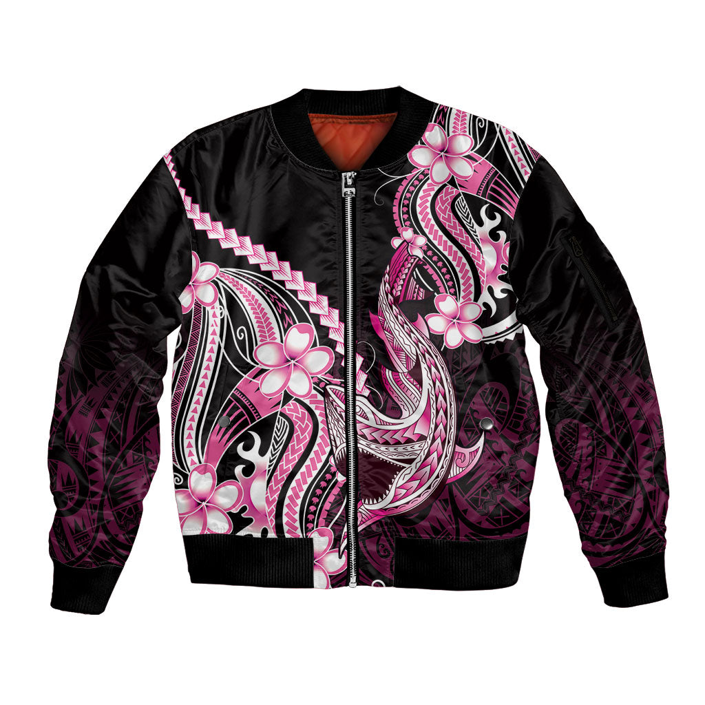 Pink Black Aloha Hawaii Sleeve Zip Bomber Jacket Polynesian Shark Tattoo Plumeria
