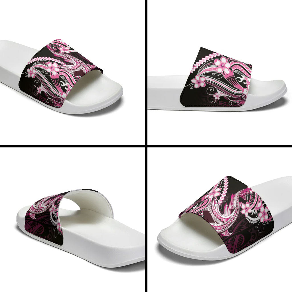 Pink Black Aloha Hawaii Slide Sandals Polynesian Shark Tattoo Plumeria