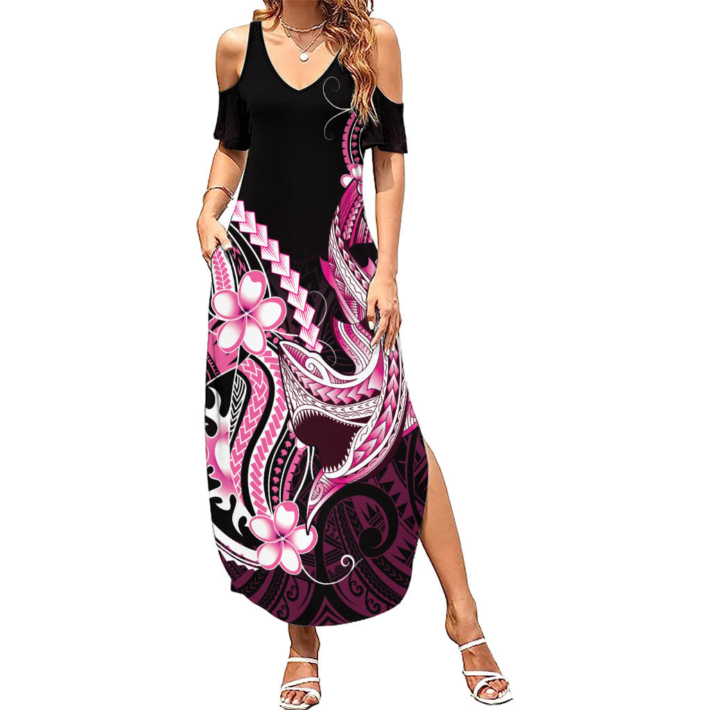 Pink Black Aloha Hawaii Summer Maxi Dress Polynesian Shark Tattoo Plumeria LT14 Women Pink - Polynesian Pride