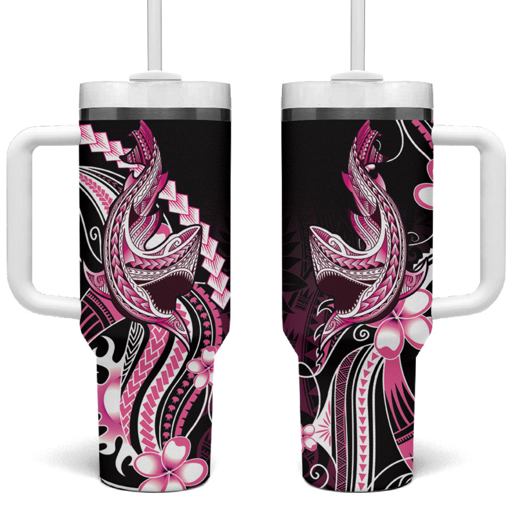 Pink Black Aloha Hawaii Tumbler With Handle Polynesian Shark Tattoo Plumeria LT14 One Size: 40 oz Pink - Polynesian Pride