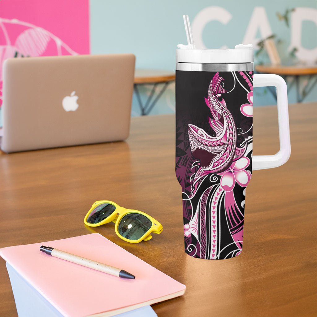 Pink Black Aloha Hawaii Tumbler With Handle Polynesian Shark Tattoo Plumeria
