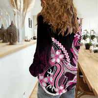 Pink Black Aloha Hawaii Women Casual Shirt Polynesian Shark Tattoo Plumeria