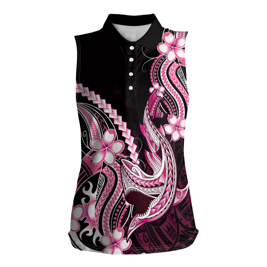 Pink Black Aloha Hawaii Women Sleeveless Polo Shirt Polynesian Shark Tattoo Plumeria LT14 Female Pink - Polynesian Pride