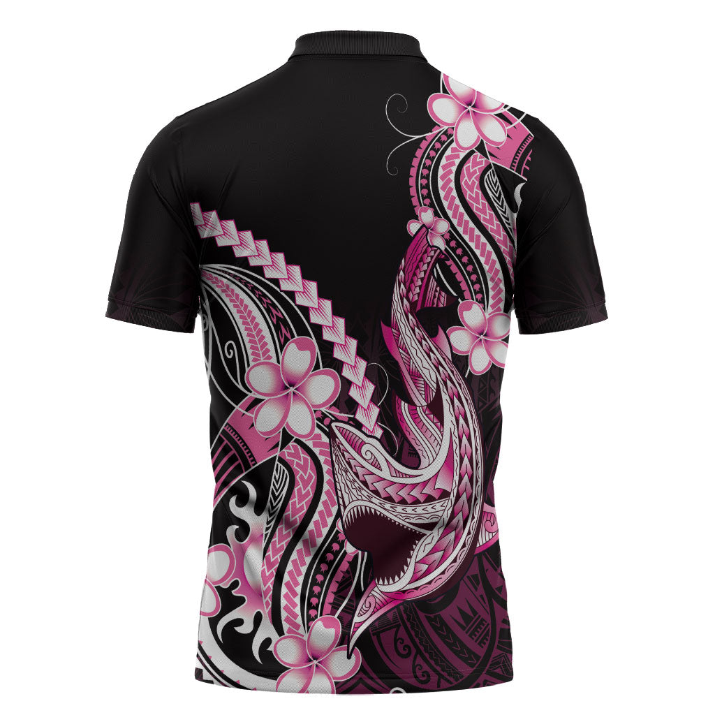 Pink Black Aloha Hawaii Zipper Polo Shirt Polynesian Shark Tattoo Plumeria