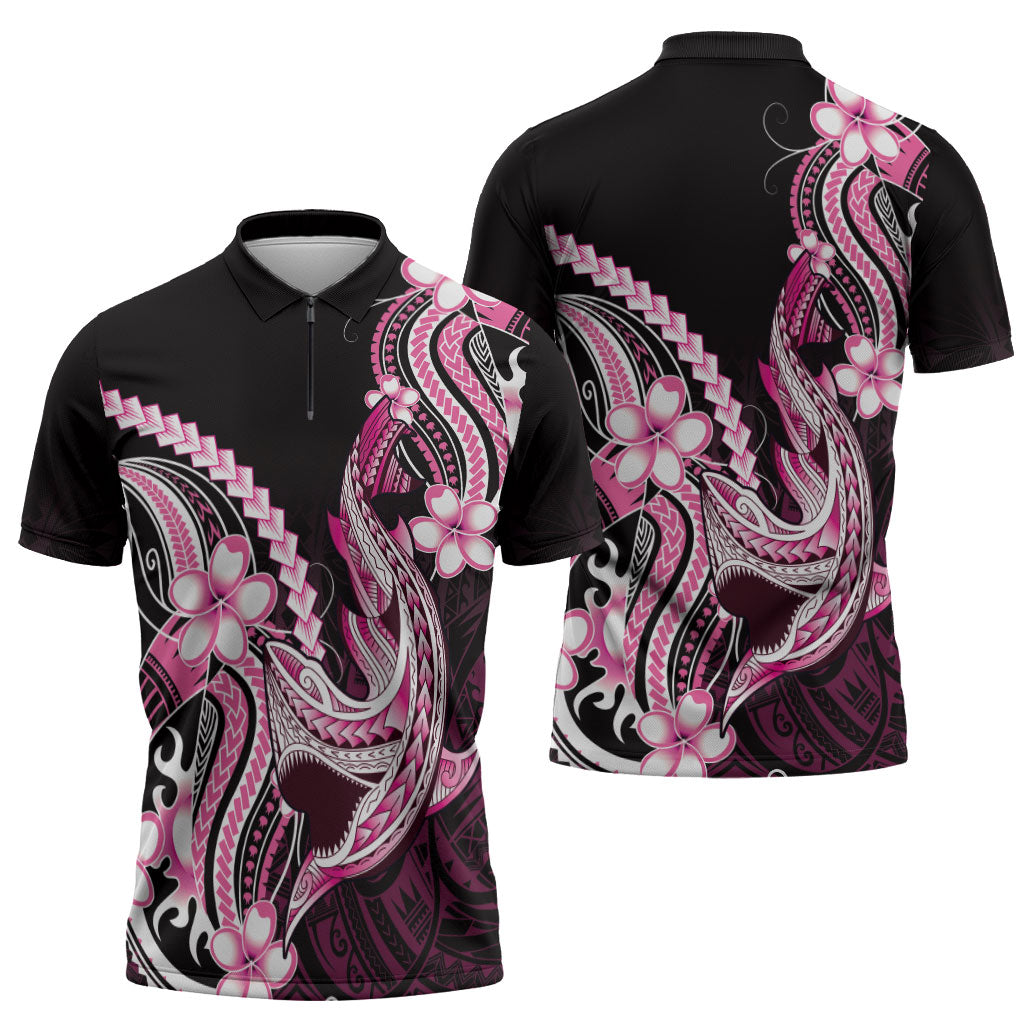 Pink Black Aloha Hawaii Zipper Polo Shirt Polynesian Shark Tattoo Plumeria
