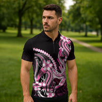 Pink Black Aloha Hawaii Zipper Polo Shirt Polynesian Shark Tattoo Plumeria