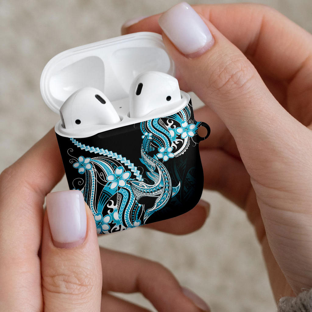 Blue Black Aloha Hawaii AirPods Case Polynesian Shark Tattoo Plumeria