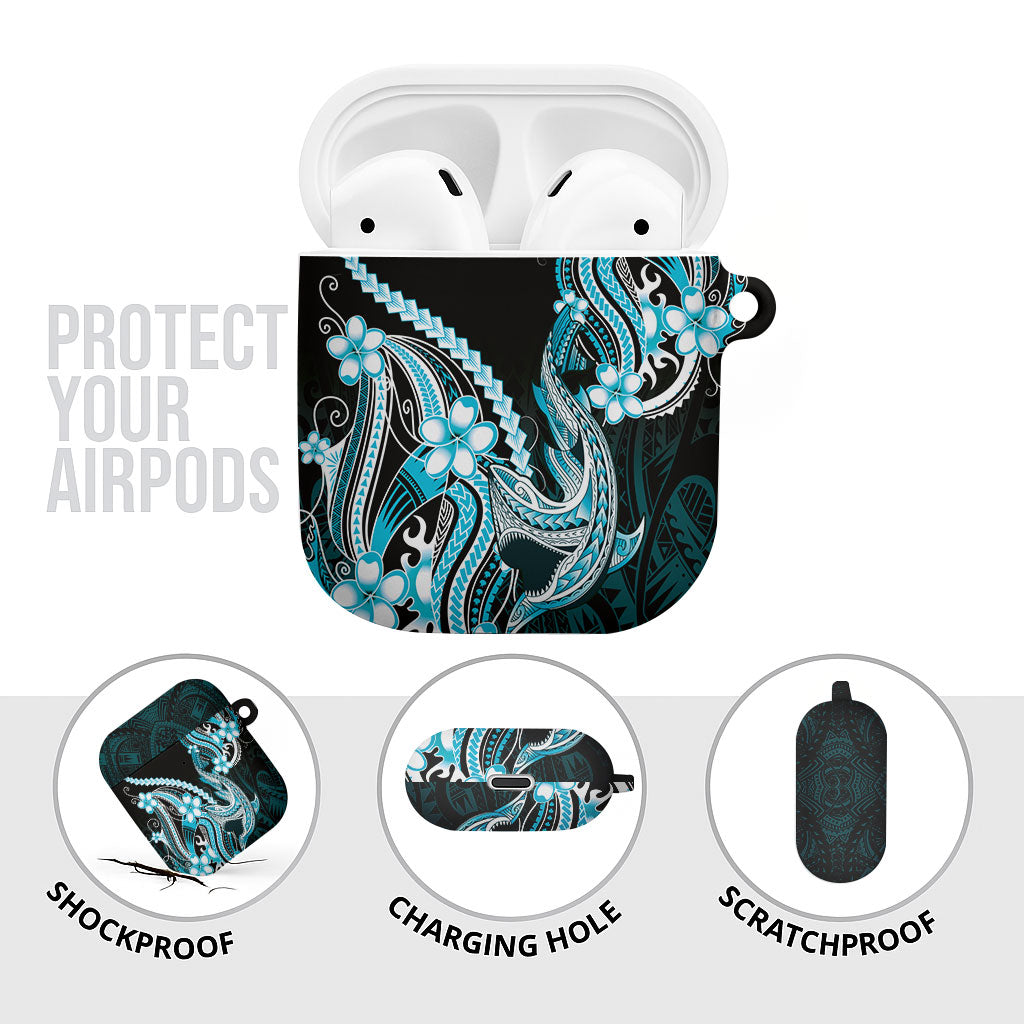 Blue Black Aloha Hawaii AirPods Case Polynesian Shark Tattoo Plumeria