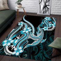 Blue Black Aloha Hawaii Area Rug Polynesian Shark Tattoo Plumeria