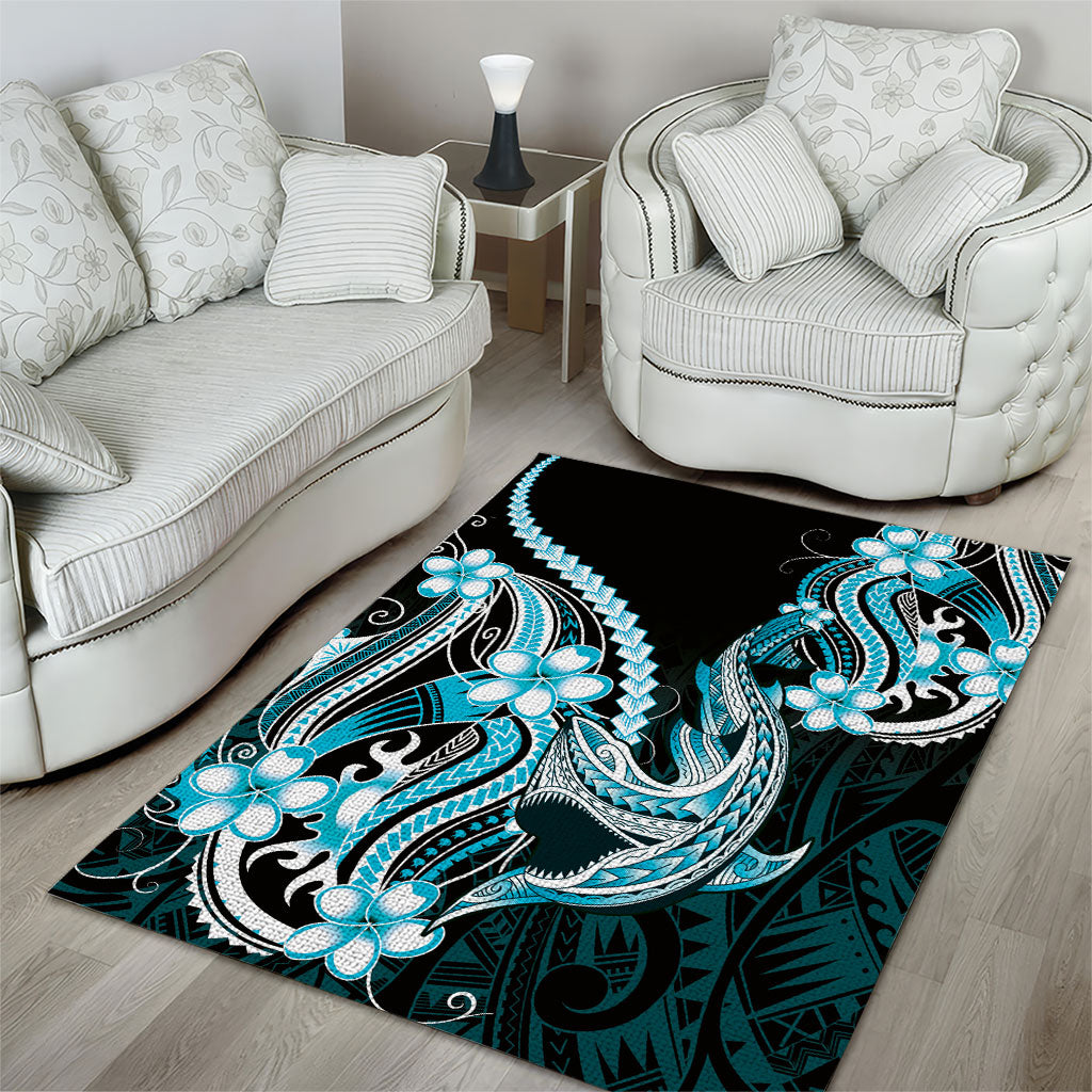 Blue Black Aloha Hawaii Area Rug Polynesian Shark Tattoo Plumeria