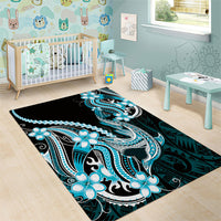 Blue Black Aloha Hawaii Area Rug Polynesian Shark Tattoo Plumeria