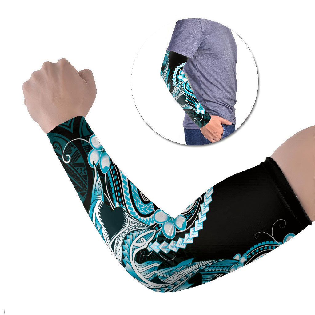Blue Black Aloha Hawaii Arm Sleeves Polynesian Shark Tattoo Plumeria LT14 Set of 2 Blue - Polynesian Pride