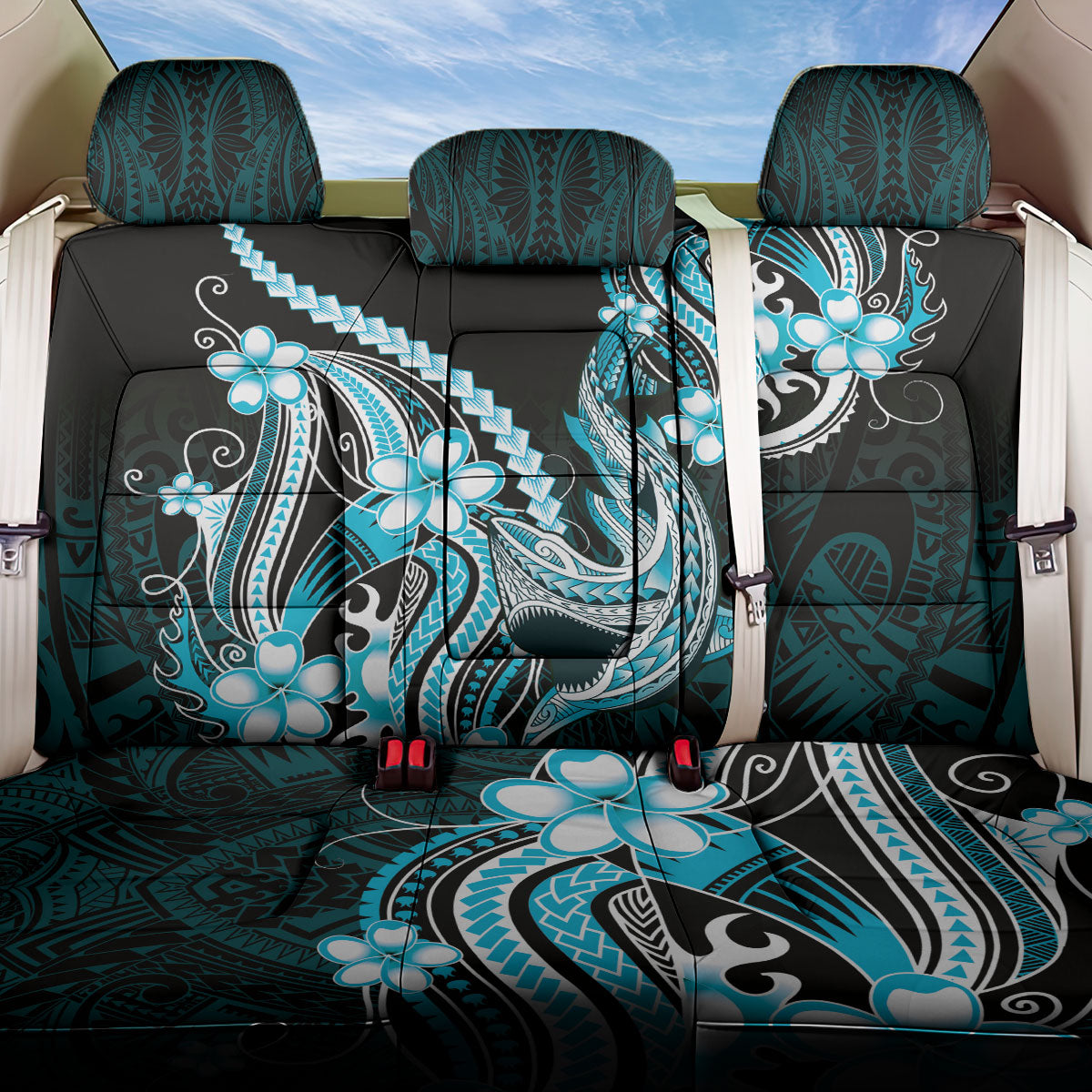 Blue Black Aloha Hawaii Back Car Seat Cover Polynesian Shark Tattoo Plumeria LT14 One Size Blue - Polynesian Pride