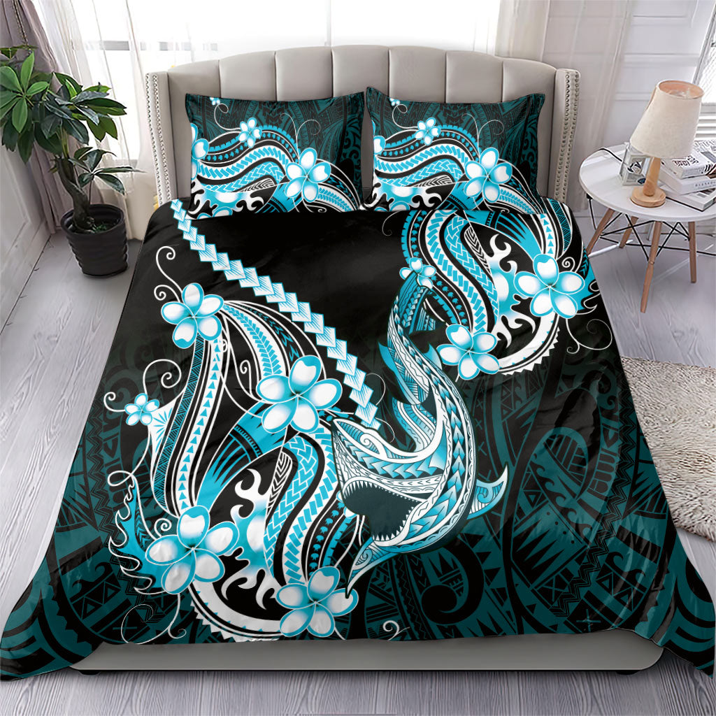 Blue Black Aloha Hawaii Bedding Set Polynesian Shark Tattoo Plumeria