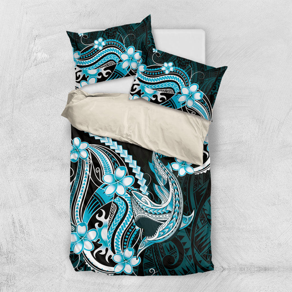 Blue Black Aloha Hawaii Bedding Set Polynesian Shark Tattoo Plumeria