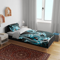 Blue Black Aloha Hawaii Bedding Set Polynesian Shark Tattoo Plumeria